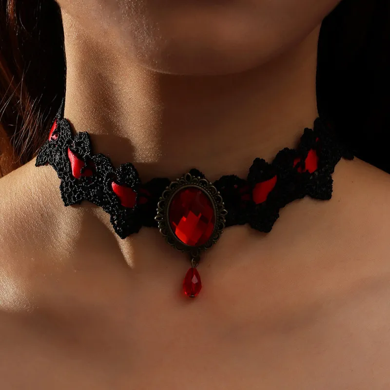 Women Fashion Personality Halloween Gothic Lace Jewel Necklace