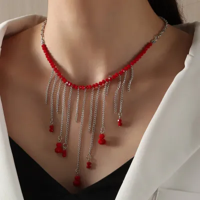 Women Fashion Personality Water Drop Rice Beads Long Tassel Devil Lips Halloween Necklace