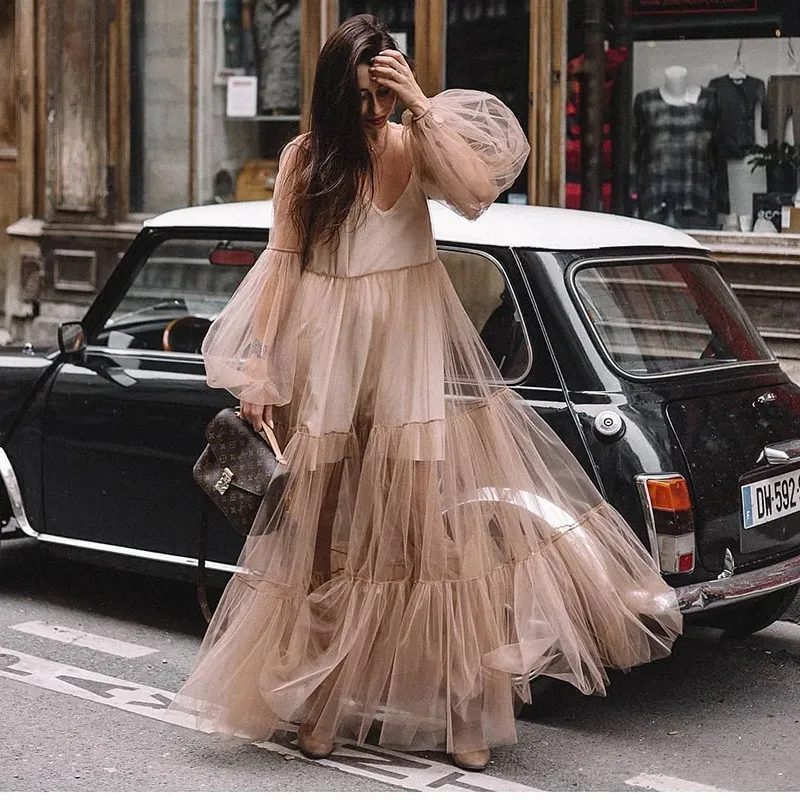 Summer Women Sexy Elegant Solid Color V-Neck Fashion Long Puff Sleeve Mesh See-through Dress