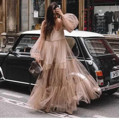 Summer Women Sexy Elegant Solid Color V-Neck Fashion Long Puff Sleeve Mesh See-through Dress