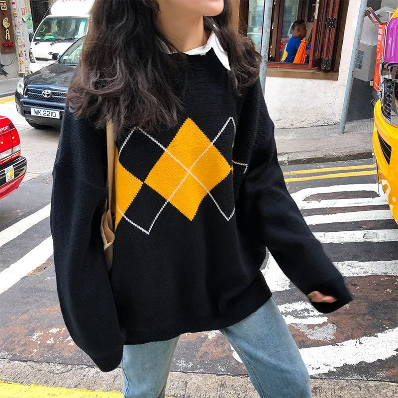 Women Casual Color Blocking Plaid Long Sleeves Loose Casual Sweater