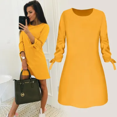Women Basic Autumn Solid Color Casual Round Neck Dress
