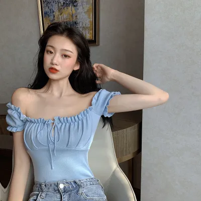 Wholesale Women Solid Color Short Sleeve Slim Pleated Knitwear