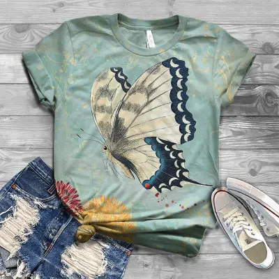 Wholesale Women Casual Round Collar Butterfly Printed T-Shirt