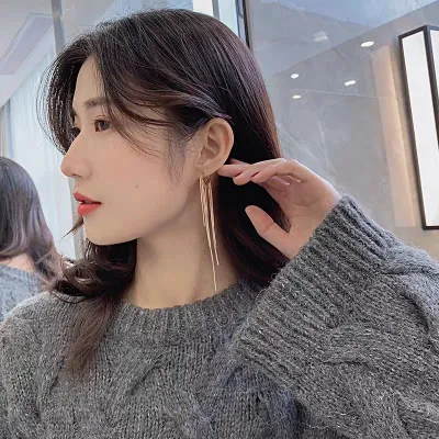 Women Fashion Simple Long Alloy Tassel Earrings