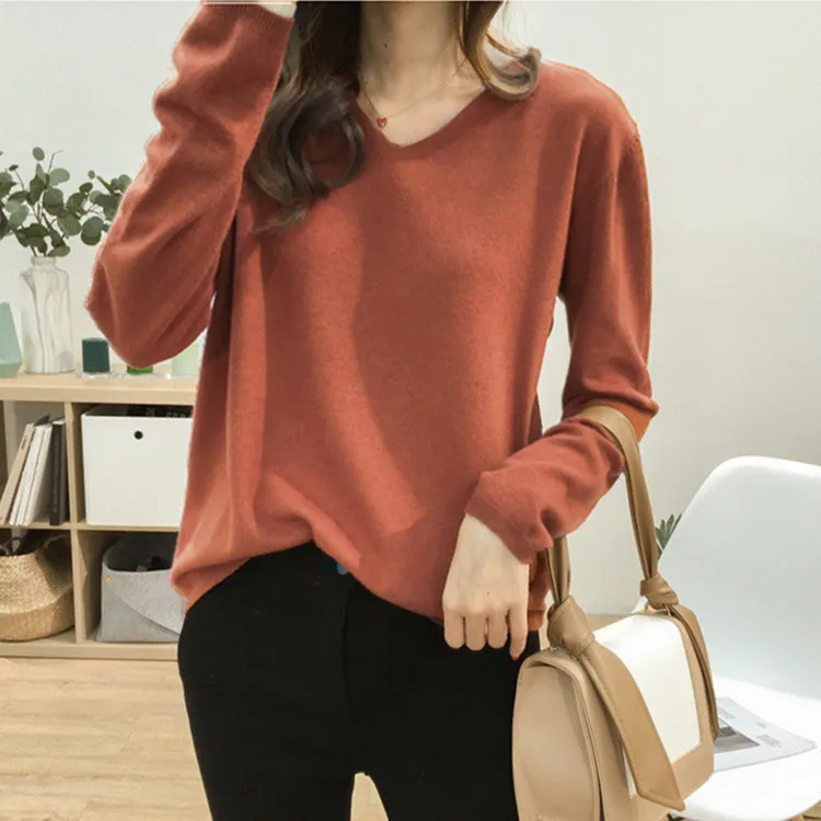 Women Casual Basic Loose V-Neck Solid Color Soft Comfortable Long-sleeved Knitwear