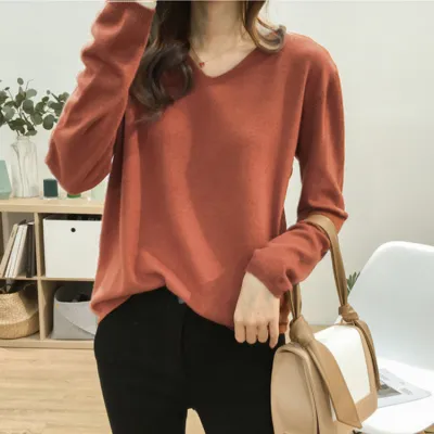 Women Casual Basic Loose V-Neck Solid Color Soft Comfortable Long-sleeved Knitwear