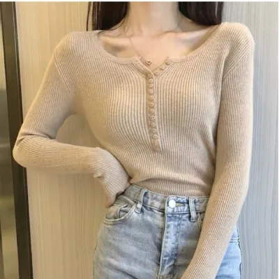 Women Basic Solid Color Autumn V-Neck Long Sleeve Knitwear