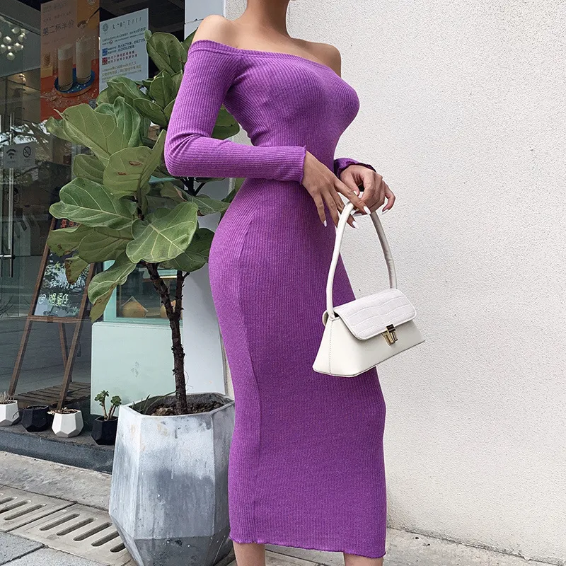 Women Basic Elegant Solid Color Long Sleeves Off-the-shoulder Temperament Sexy Dress