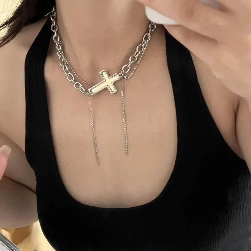 Women Fashion Simple Titanium Steel Cross Thick Chain Necklace