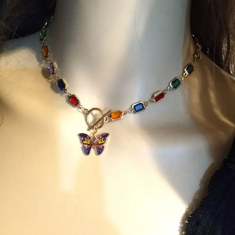 Women Fashion Personality Square Crystal Colorful Diamond Butterfly Necklace