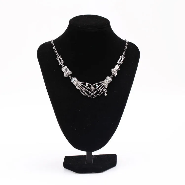 Women Fashion Exaggerated Alloy Diamond Skull Bone Necklace