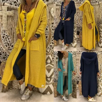 Lazy Women Autumn Loose Solid Color Long Pocket Hooded Knitted Cardigan Casual Coat
