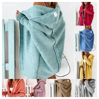 Women Casual Solid Color Long Sleeve Hooded Soft Loose Knitted Cardigan