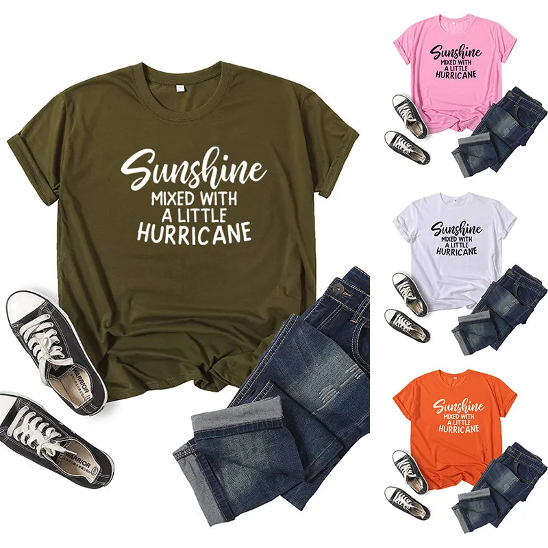 Women'S 'Sunshine Mixed With A Little Hurricane' Lettering Short Sleeve T-Shirt