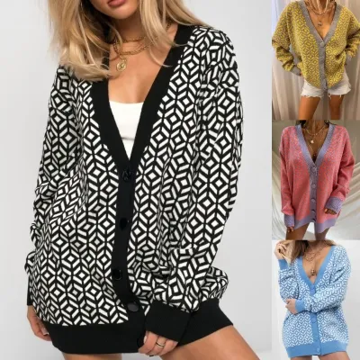 Women Casual Color Blocking Plaid Knitwear Autumn V-Neck Cardigan