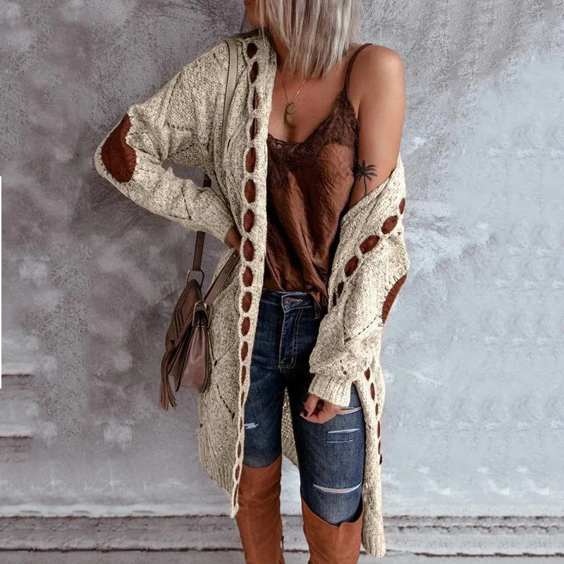 Women Loose Knitted Autumn Color Blocking Patchwork Long Sleeves Hooded Cardigan Overcoat