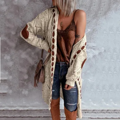 Women Loose Knitted Autumn Color Blocking Patchwork Long Sleeves Hooded Cardigan Overcoat