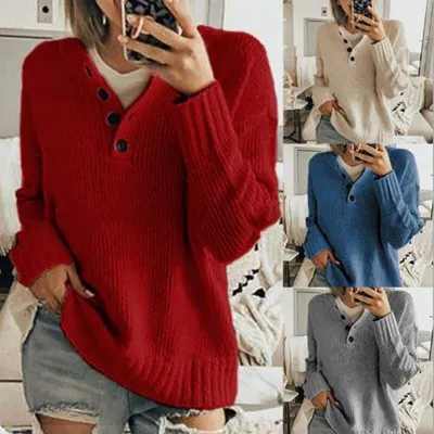 Women Basic Casual Autumn Long Sleeves Solid Color V Neck Knitted Sweater