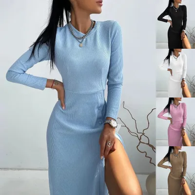 Women Basic Autumn Slim Solid Color Long-Sleeved Side-slit Knitted Dress