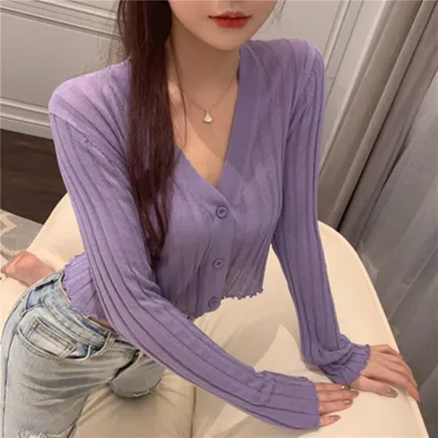 Women Summer Casual Basic Short Solid Color Long-sleeved Knitted Cardigan