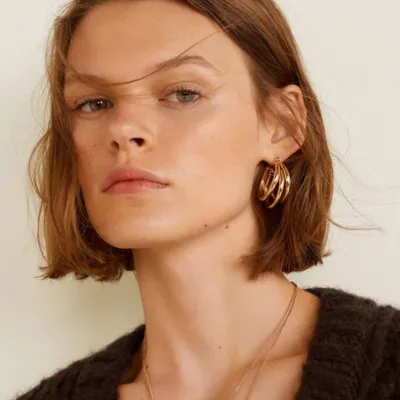 Geometric C-shaped Multilayer Design Hoop Earring