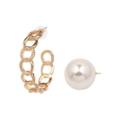 Asymmetric Metal Hoop Pearl Stud Earrings