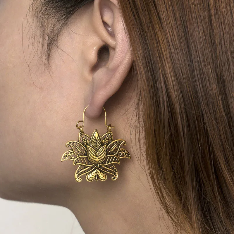 Ethnic Style Lotus Flower Pendant Earrings