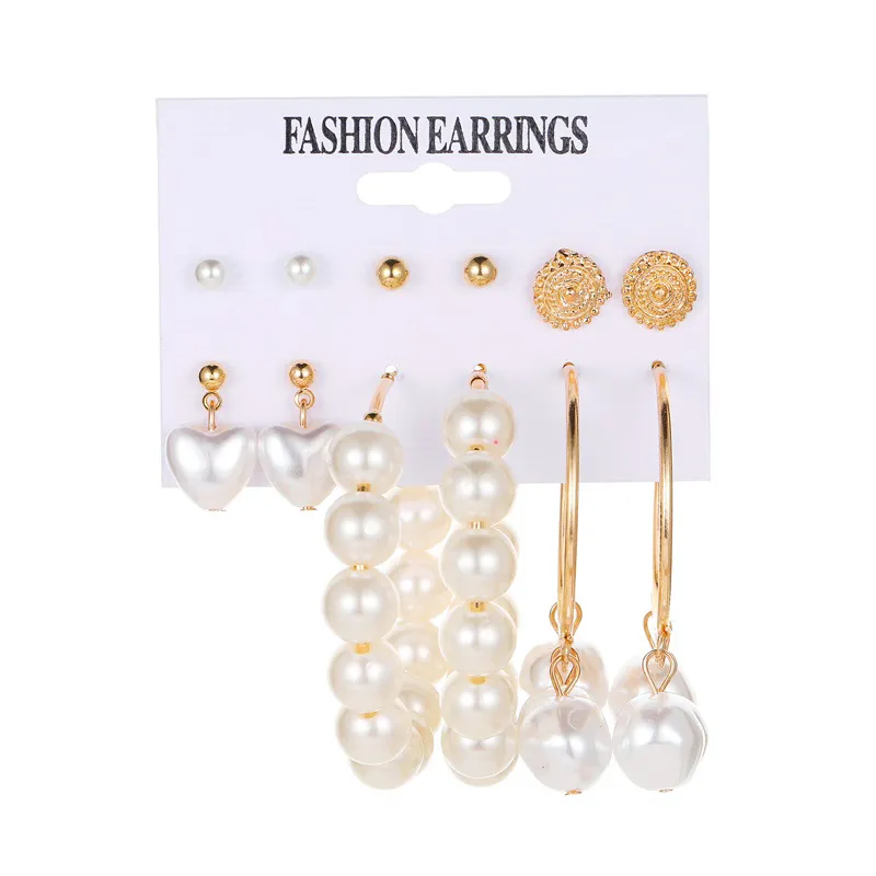 Fashion Pearl Love Heart Round Earrings Set