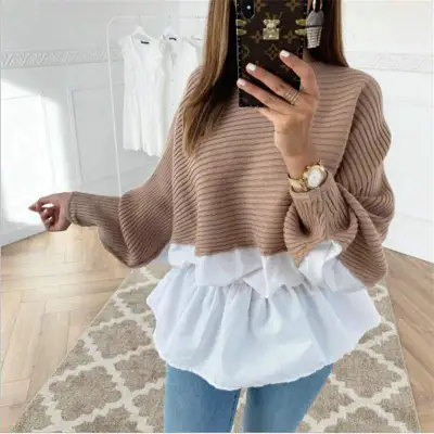 S-XL Women Fashion Patchwork Defined Waist Pullover Sweater