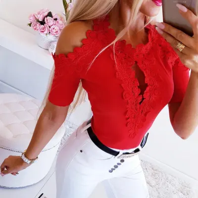 S-XL Women Sexy Embroidery Hollow Out Design Short Sleeve Tops
