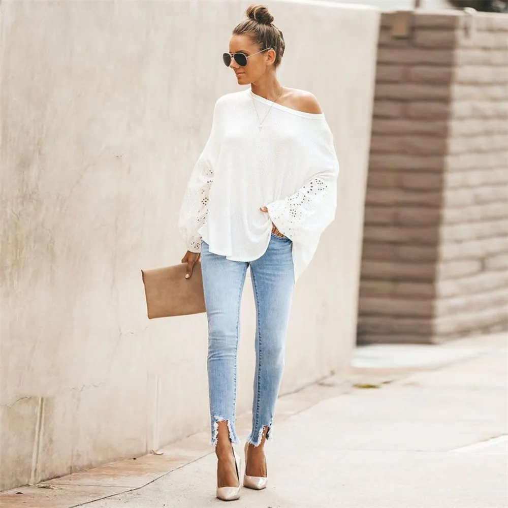 S-3XL Women Hollow Out Lantern Sleeve White Pullover Knitwear