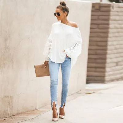 S-3XL Women Hollow Out Lantern Sleeve White Pullover Knitwear