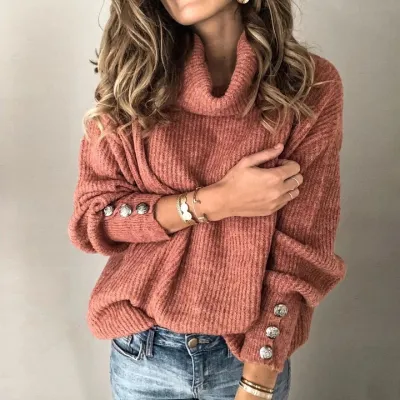 S-5XL Women Loose Turtle Neck Solid Color Pullover Sweater
