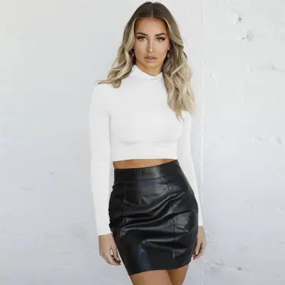 S-XL Fashion Mock Neck Long-sleeve Solid Color Crop Top