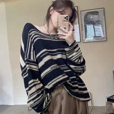 Women Fashion Color Blocking Long-sleeve Loose Knitwear