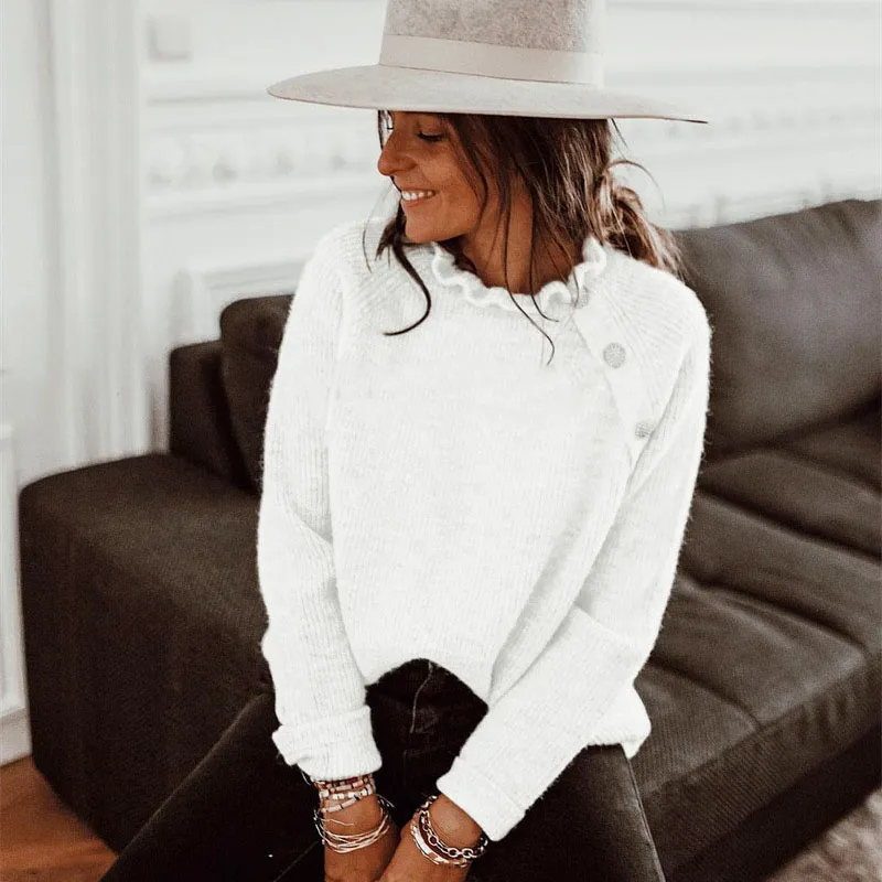 S-3XL Women Casual Long Sleeve Ruffled Irregular Button Design Solid Color Knitwear