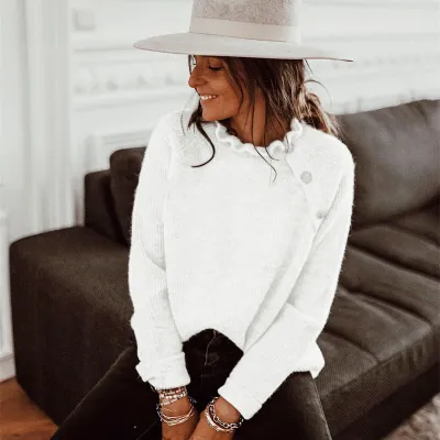 S-3XL Women Casual Long Sleeve Ruffled Irregular Button Design Solid Color Knitwear