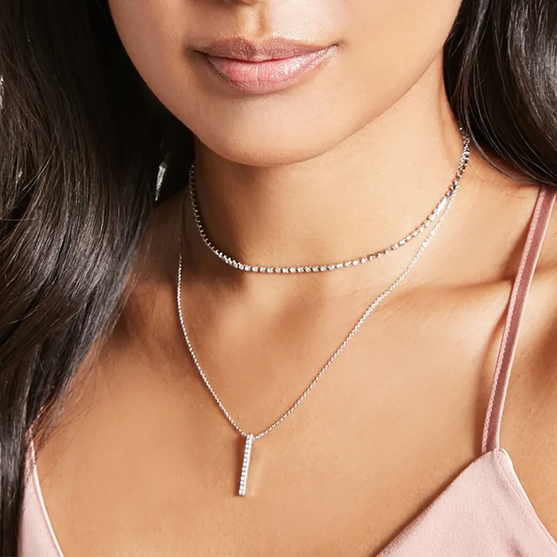 Rhinestone Decor Metal Bar Pendant Design Double-layer Necklace