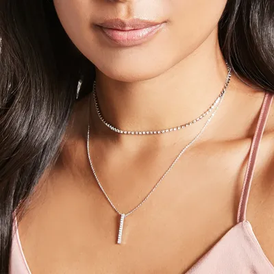 Rhinestone Decor Metal Bar Pendant Design Double-layer Necklace