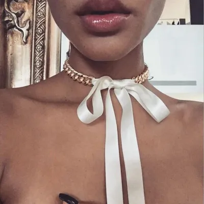 Creative Metal Chain Ribbon Decor Women Choker Necklace