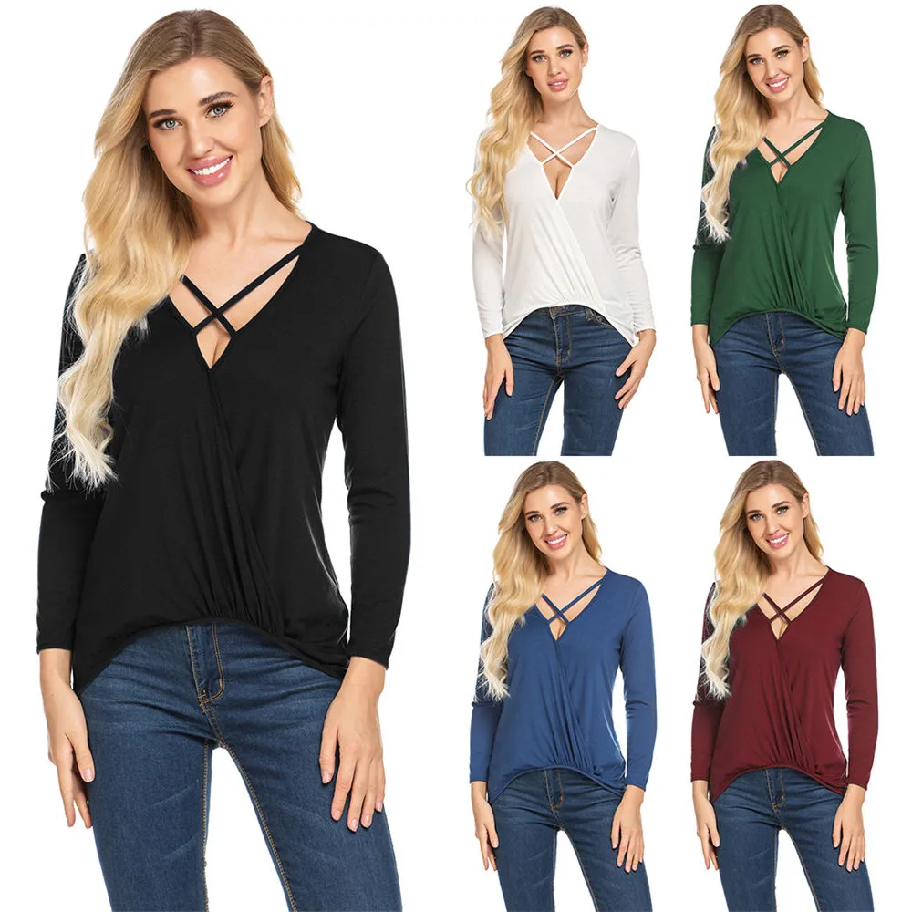 S-XXL Women Casual Solid Color Irregular Hem Pullover T-shirt