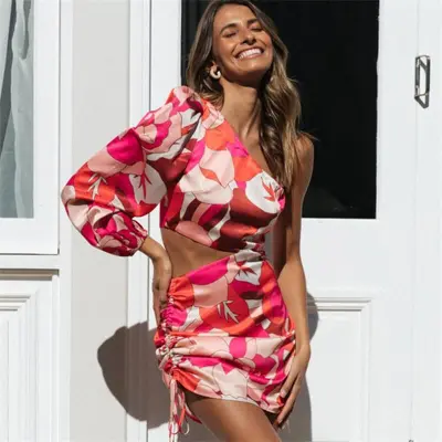 S-XL Women Sexy Graphic Printed One-shoulder Drawstring Long Sleeve Cut Out Irregular Dress