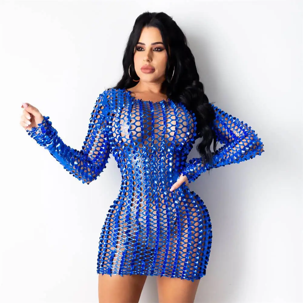 S-2XL Women Sexy Solid Color Long Sleeve Hollow Out See-through Bodycon Dress