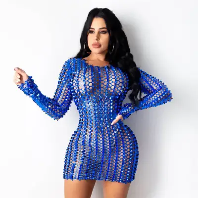 S-2XL Women Sexy Solid Color Long Sleeve Hollow Out See-through Bodycon Dress