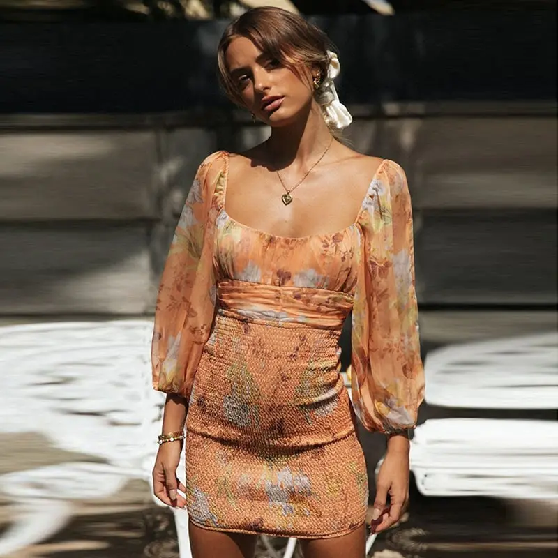 Women Vacation Bohemian Sweet Off-the-shoulder Lantern Sleeve Floral All Over Print Backless Lace-up Bodycon Dress