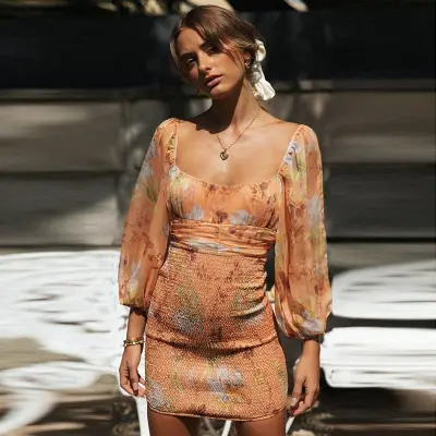 Women Vacation Bohemian Sweet Off-the-shoulder Lantern Sleeve Floral All Over Print Backless Lace-up Bodycon Dress