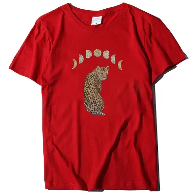 S-3XL Women Basic Graphic Moon Leopard Printing Short Sleeve Loose T-Shirt