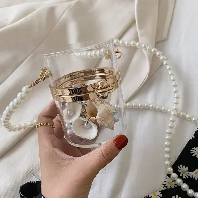 Women Chic Imitation Pearl Chain Design Transparent Acrylic Bucket Bag