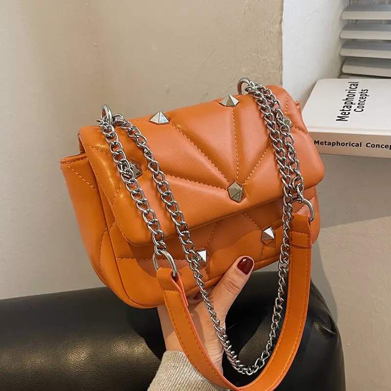 Women Creative Rivet Design Vintage Winter Quilted Design Metal Chain PU Flap Bag